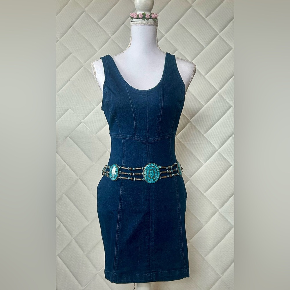 Denim Sleeveless Dress with Turquoise Accents
